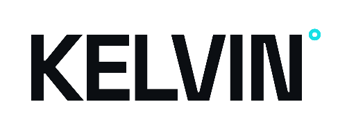 The Kelvin logo in bold black sans-serif lettering with a small light blue circular dot at the upper right, shown on a plain white background.